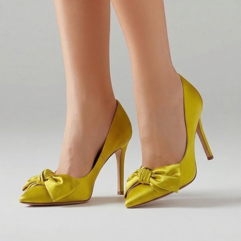 Tory Burch Yellow Satin Bow Pointed Toe Pumps White Stiletto Heels Womens 5.5